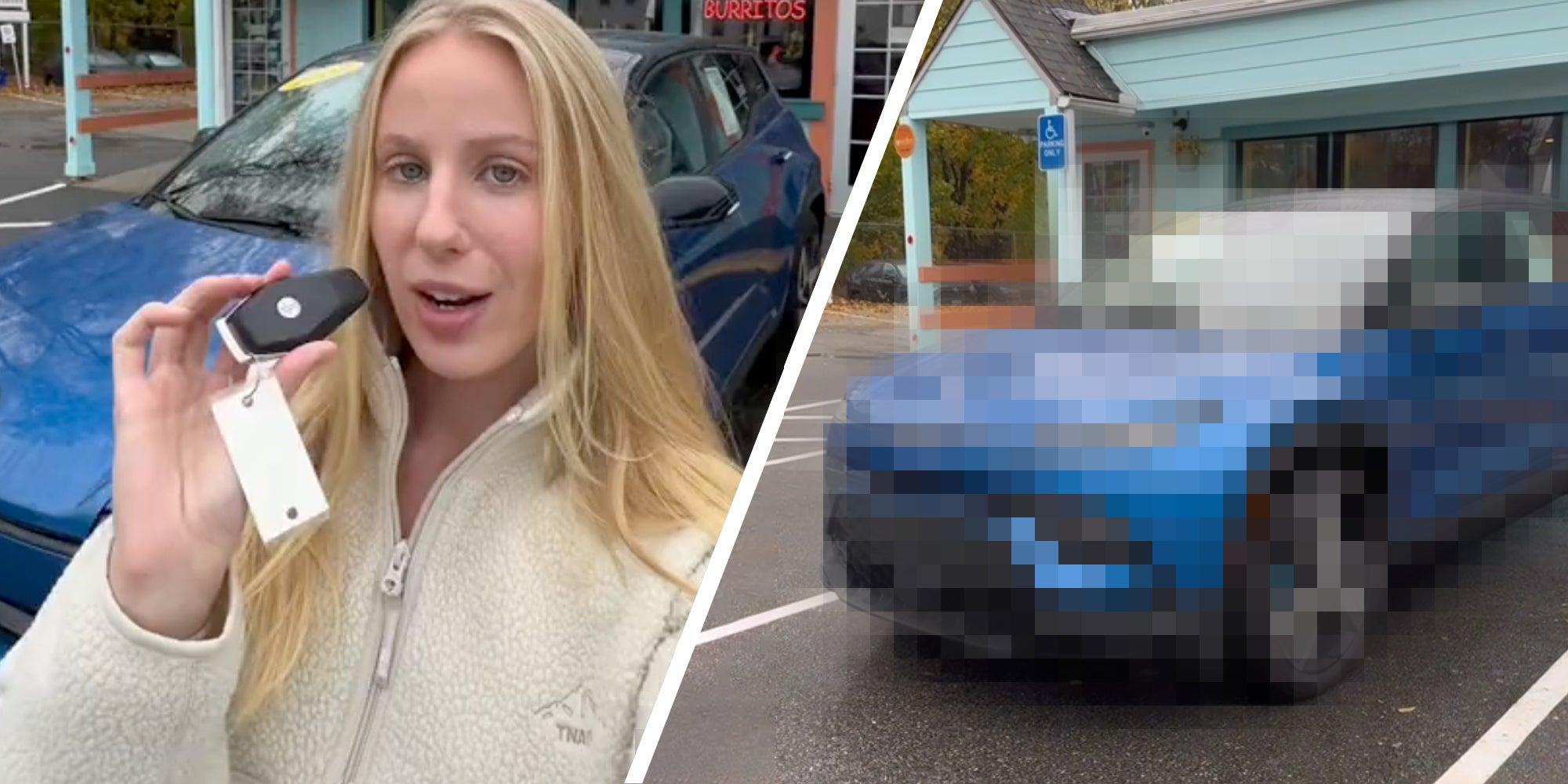 Woman holding car keys(l), Muzzed out car(r)