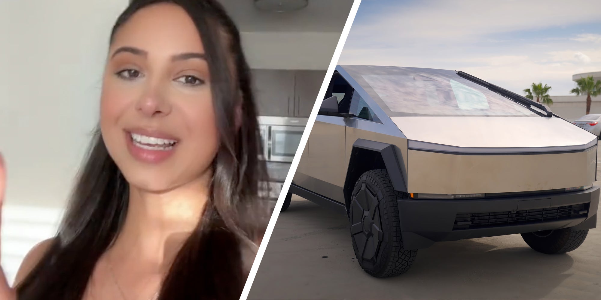 Woman talking(l), Cybertruck(r)