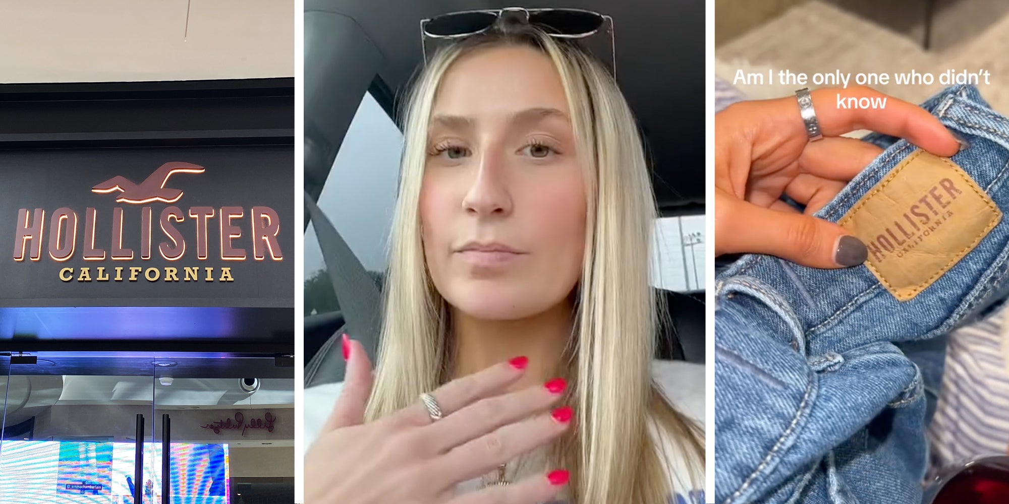 Hollister storefront(l), Woman talking(c), Hollister jeans(r)