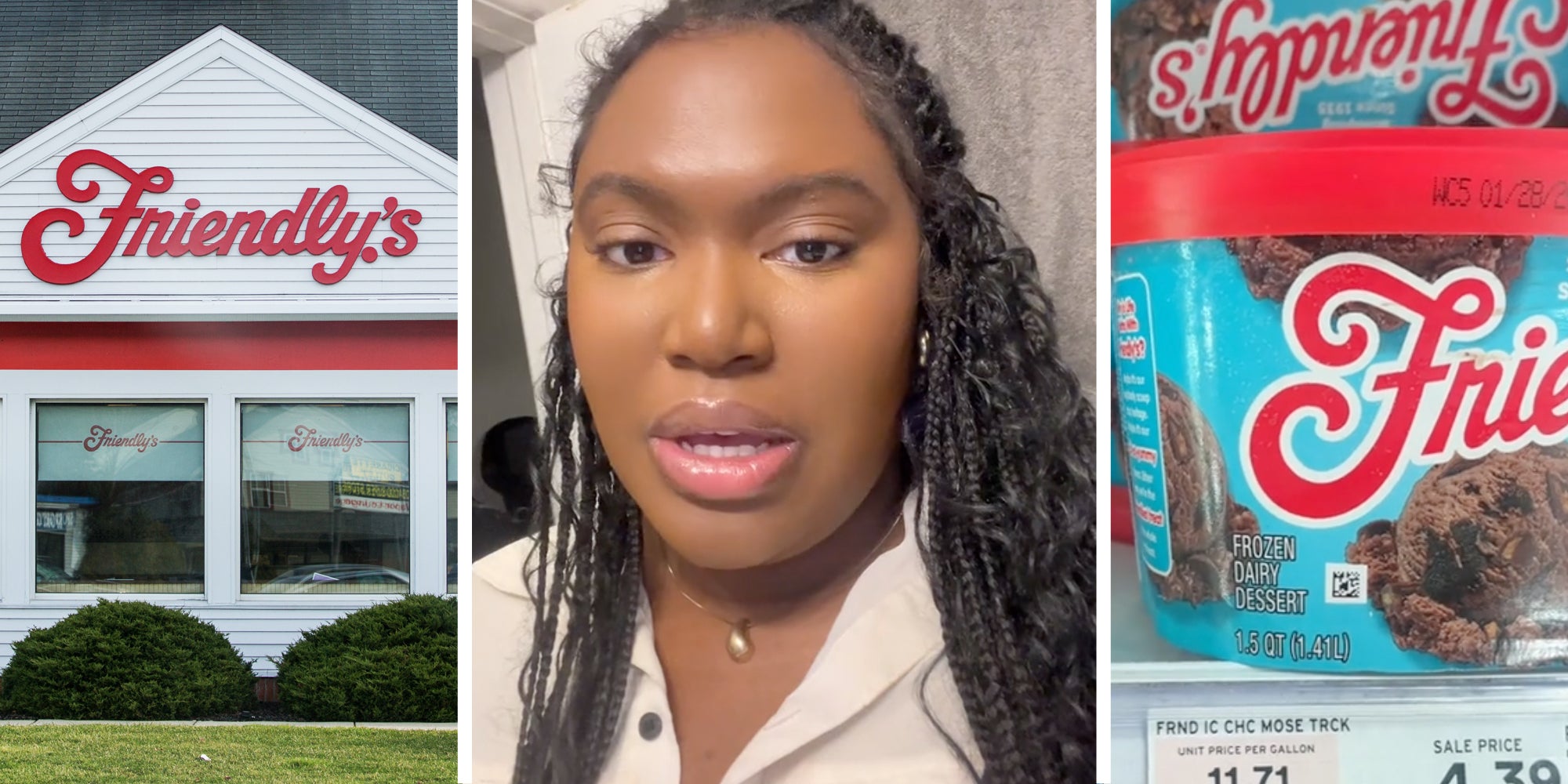Friendly's restaurant(l), Woman talking(c), Ice cream carton(r)