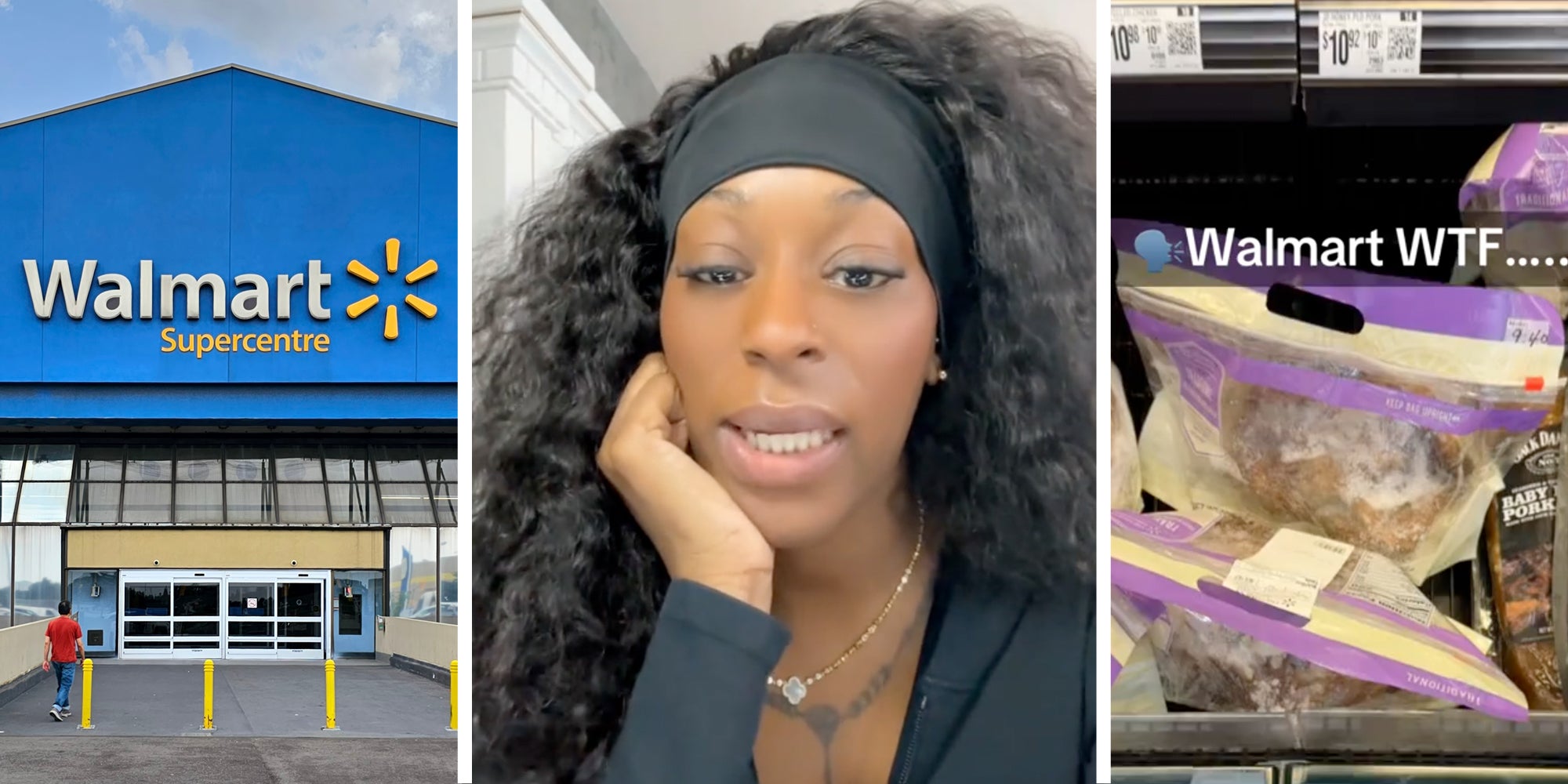 Walmart storefront(l), Woman talking(c), Walmart items(r)