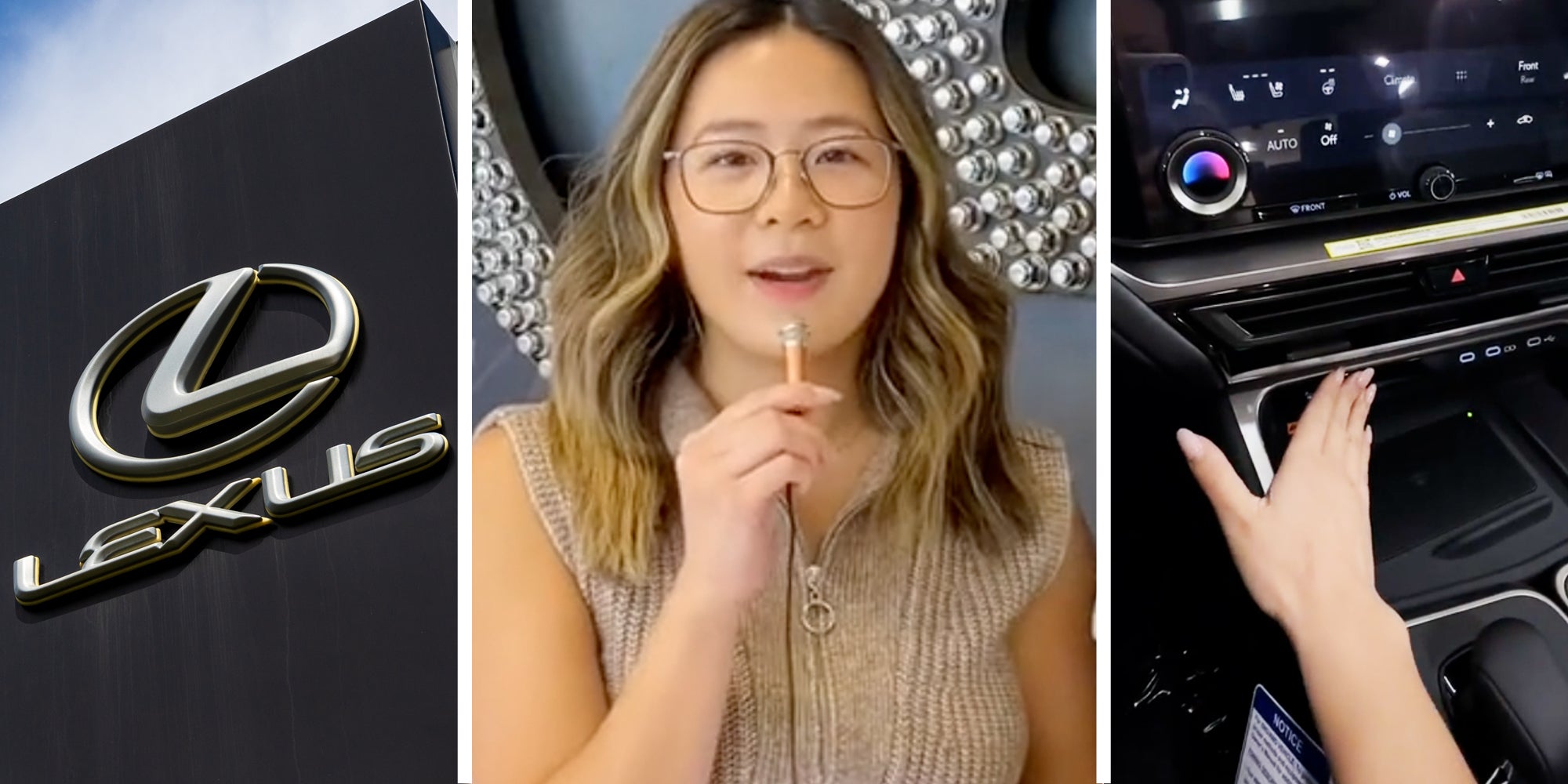 Lexus sign(l), Woman talking(c), Hand inside by car dashboard(r)