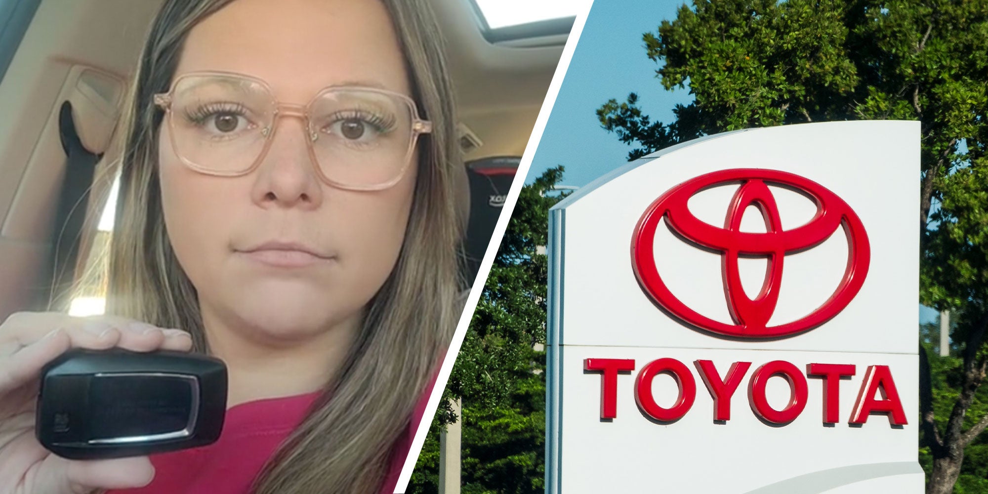 Two panel design with a woman looking at the camera as she holds up her key fob, next to an image of a Toyota Dealership