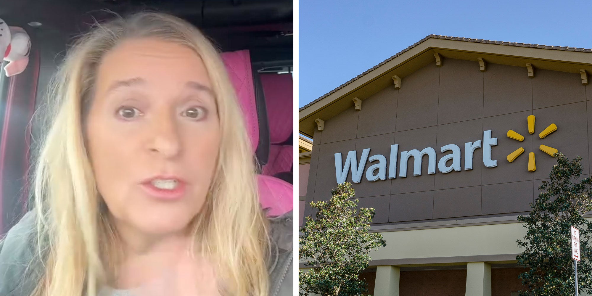 Two panel design with a woman looking upset at the camera from inside of her car, next to an image of a Walmart store