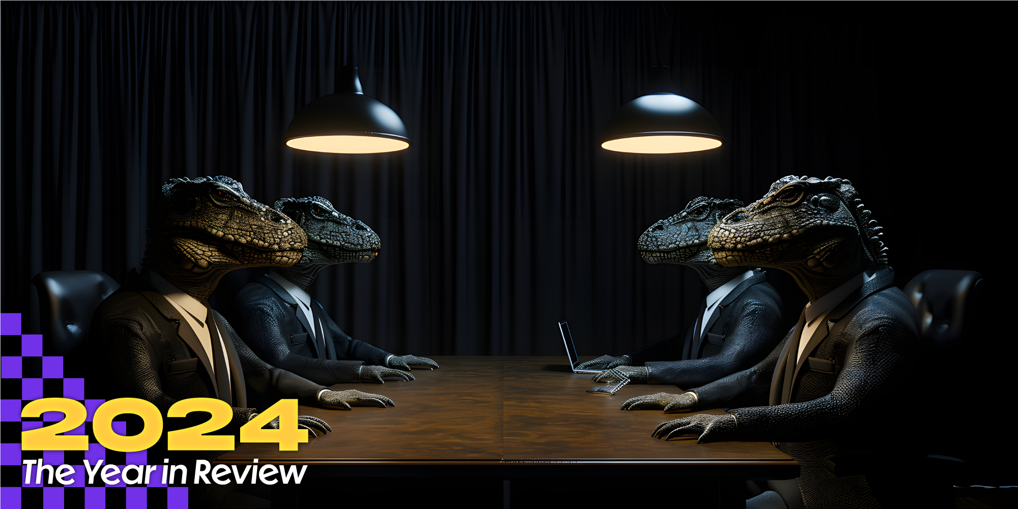 A dark board room, lizard people in suits sitting at the table. Text over says, "2024, The Year in Review." The 10 dumbest conspiracy theories of 2024.