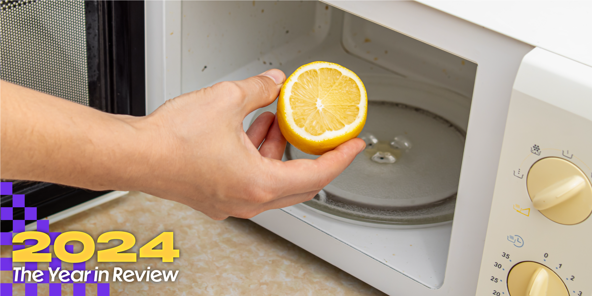 A person puts a lemon into a microwave oven. Text over says, '2024, The Year in Review.'