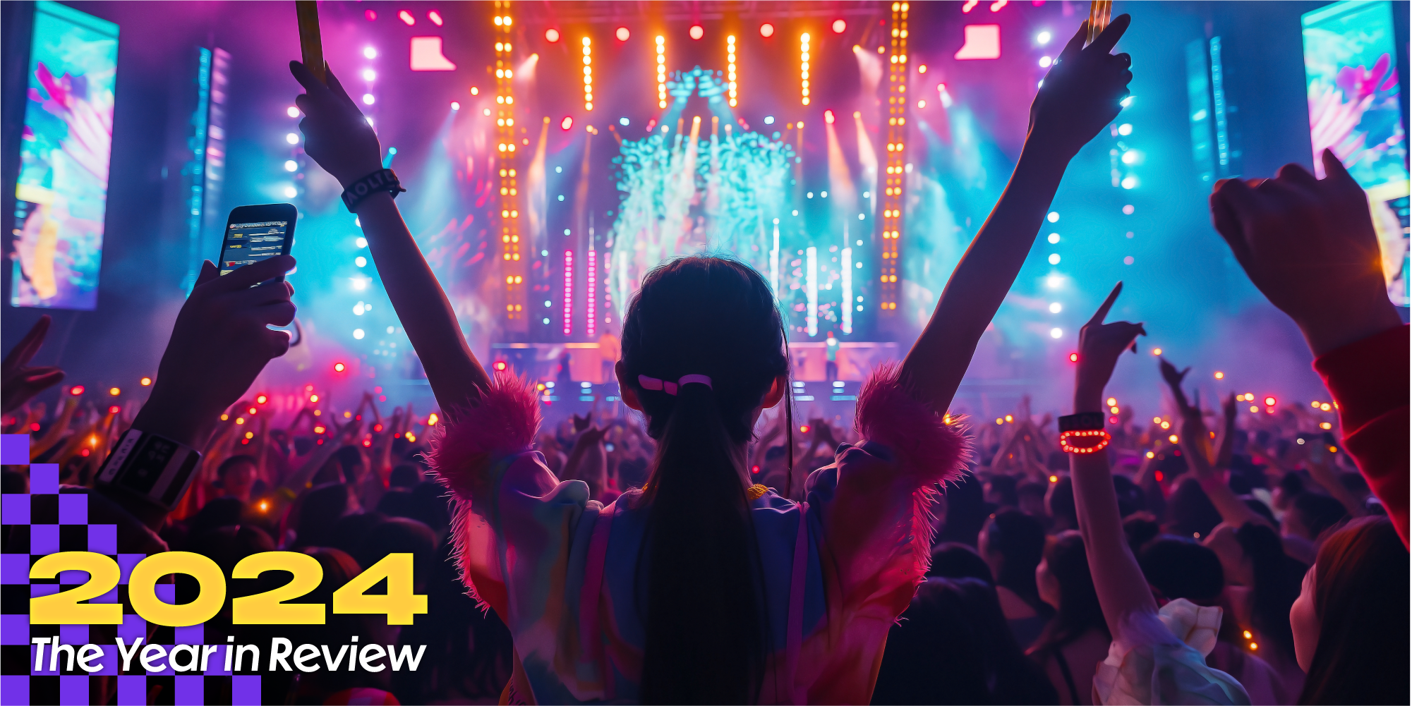 In a packed stadium a fan raises their arms in excitement. Text over says, '2024, The Year in Review.'