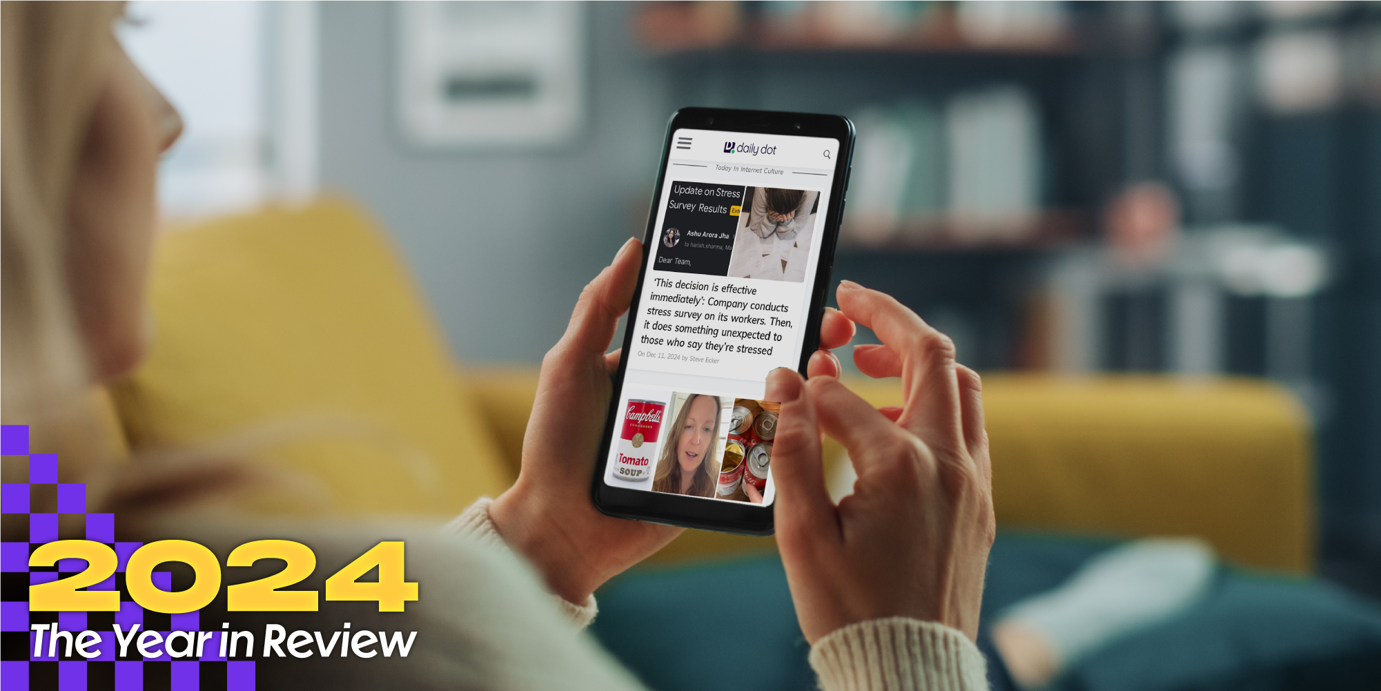 A person looks at The Daily Dot online on their phone. Text over says, "2024, The Year in Review."