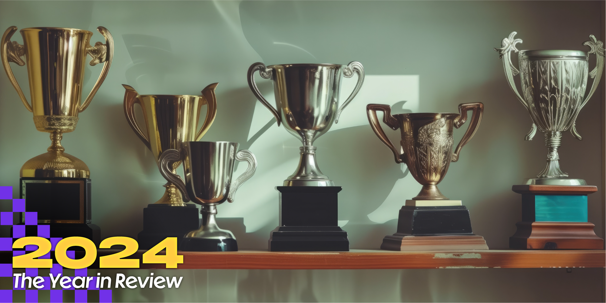 A row of trophies on a shelf. Text over says, '2024, The Year in Review.'