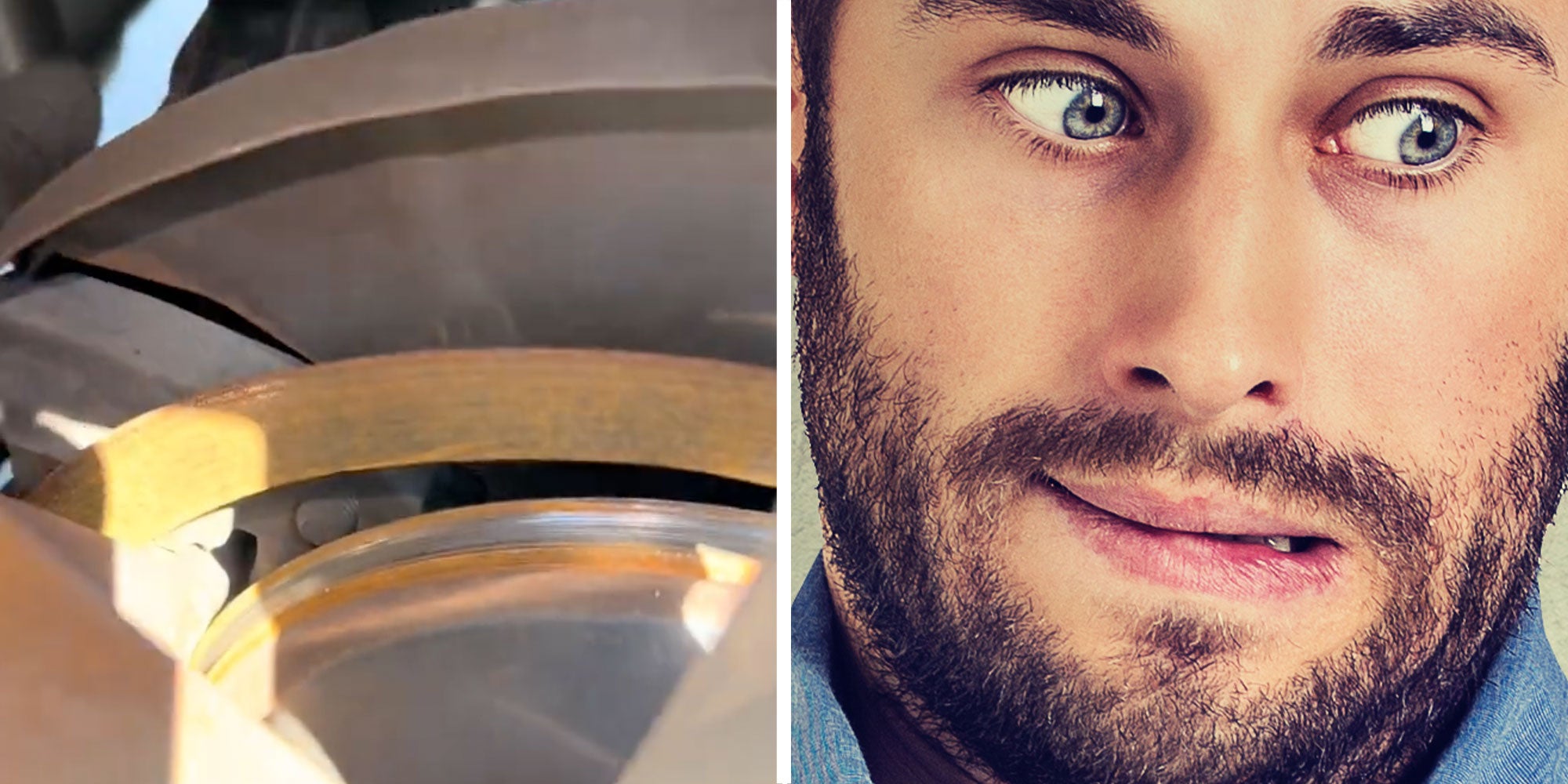 Two panel design with a very rusty brake from a car piece, next to an image on a man giving the 'Yikes' gesture