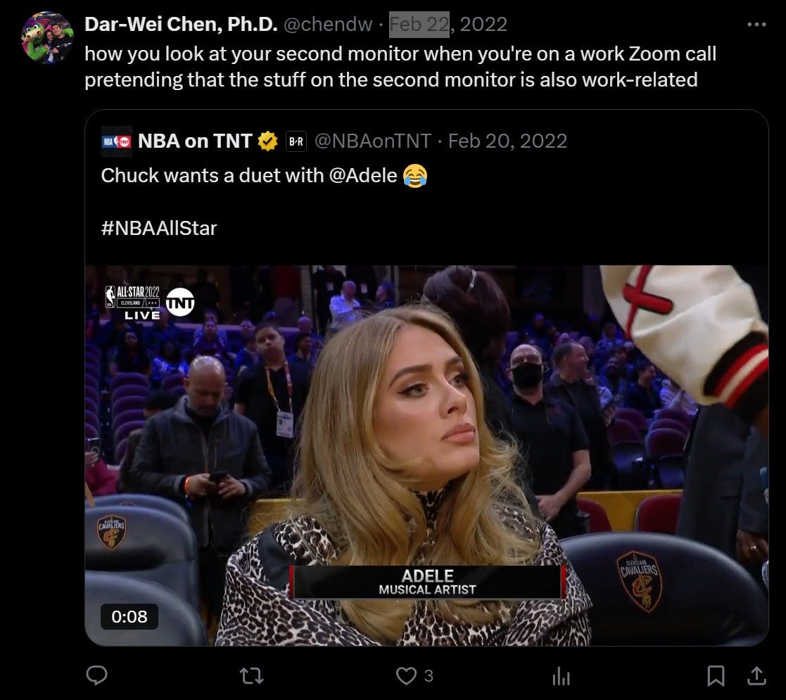 adele nba meme tweet that reads 'how you look at your second monitor when you're on a work Zoom call pretending that the stuff on the second monitor is also work-related'