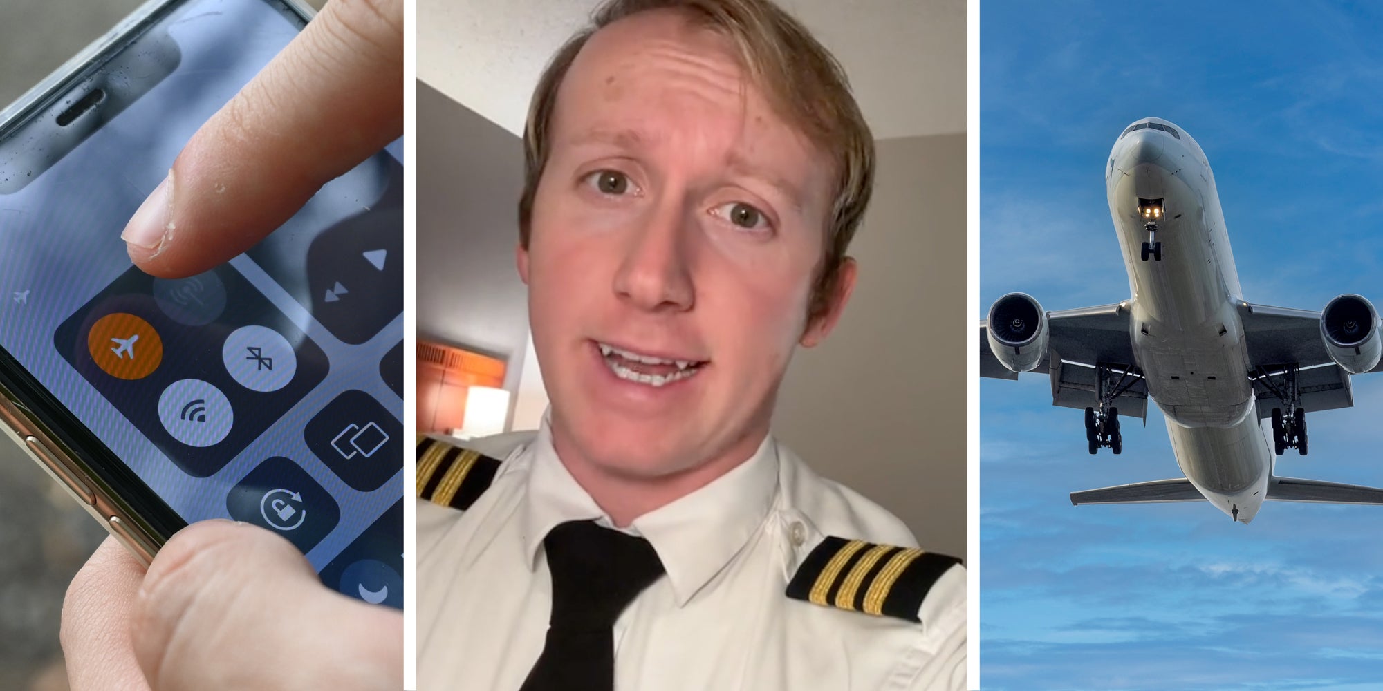 Finger pressing airplane mode(l), pilot talking(c), Airplane in the air(r)