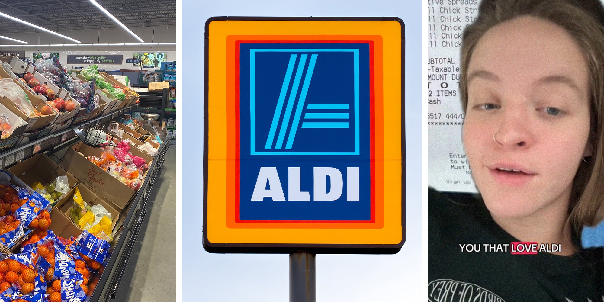 Row of Groceries at Aldi Store(l) Aldi Store Sign(c) Woman sharing information about Aldi(r)
