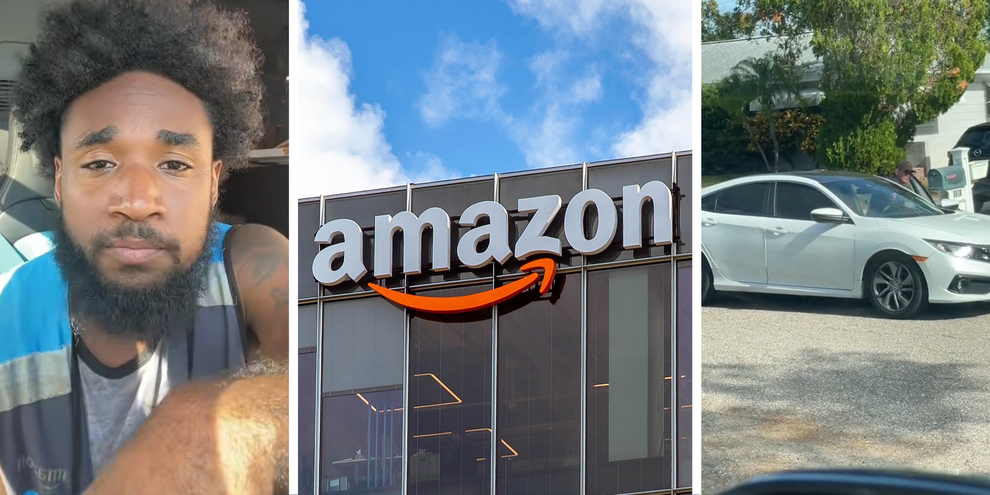 amazon worker(l) Amazon Sign on Building(c) Person getting in car(r)