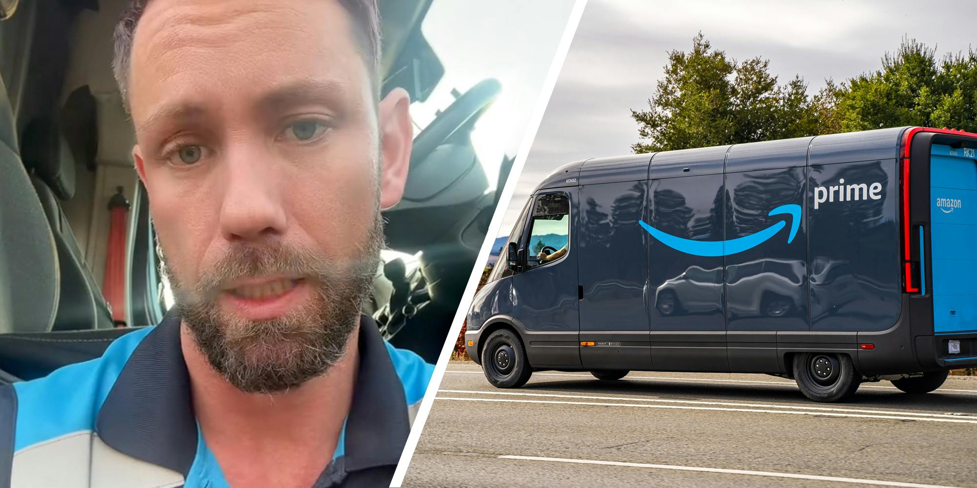 Man talking(l), Amazon Prime truck(r)