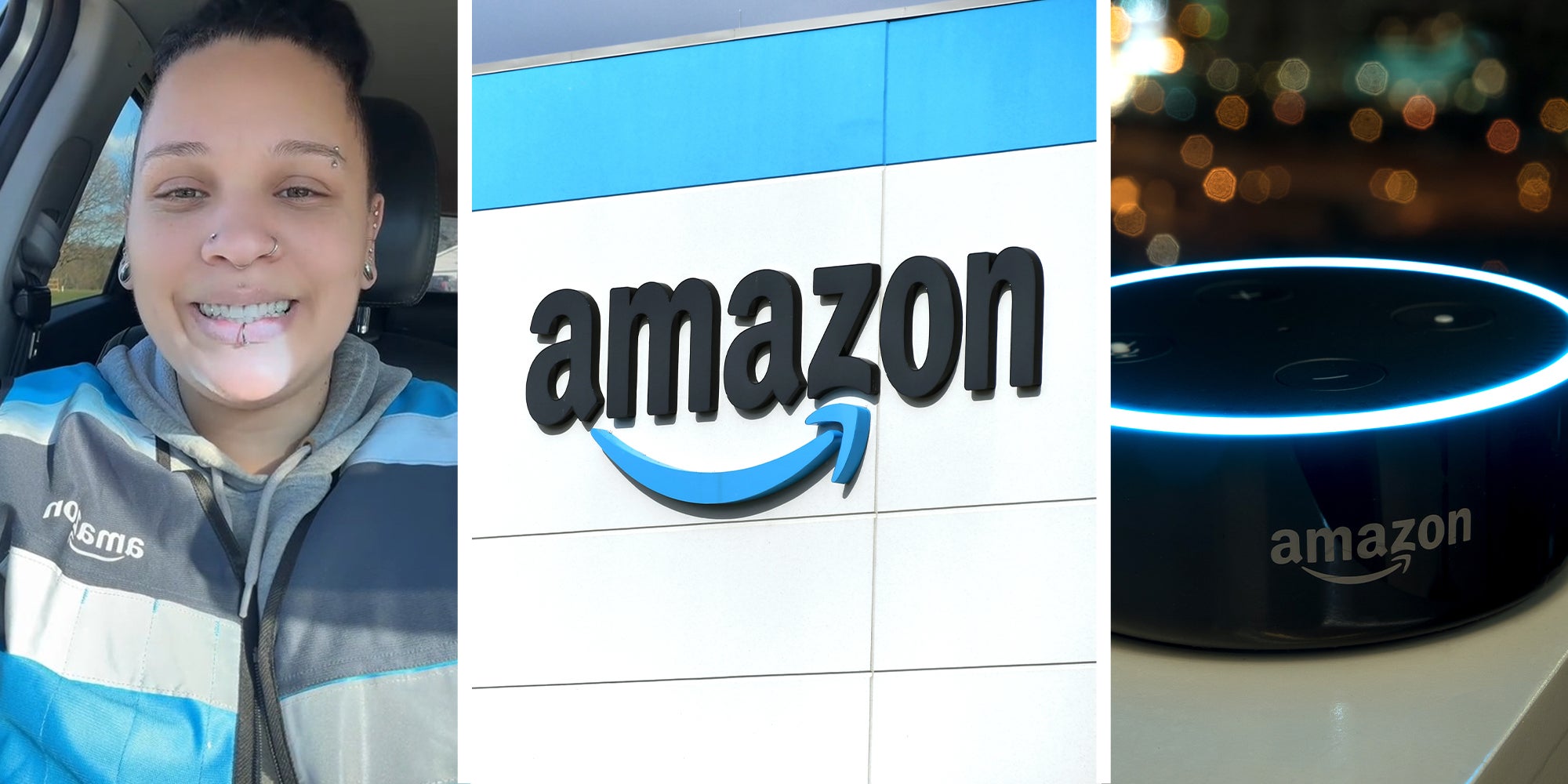 Amazon driver smiling(l) Amazon Company Logo(c) Amazon Alexa(r)