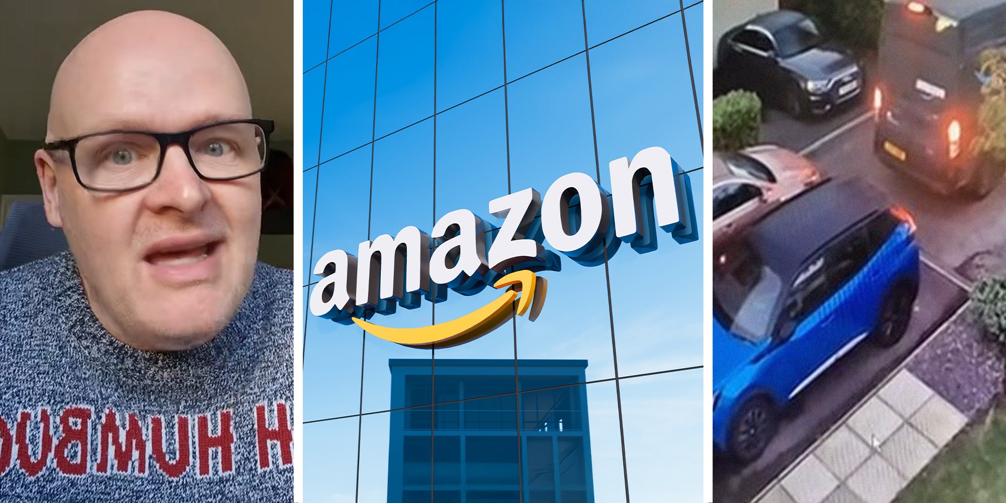 Person sharing how amazon workers drive(l) Amazon Logo on building(c) Footage of Amazon Van reversing into parking lot