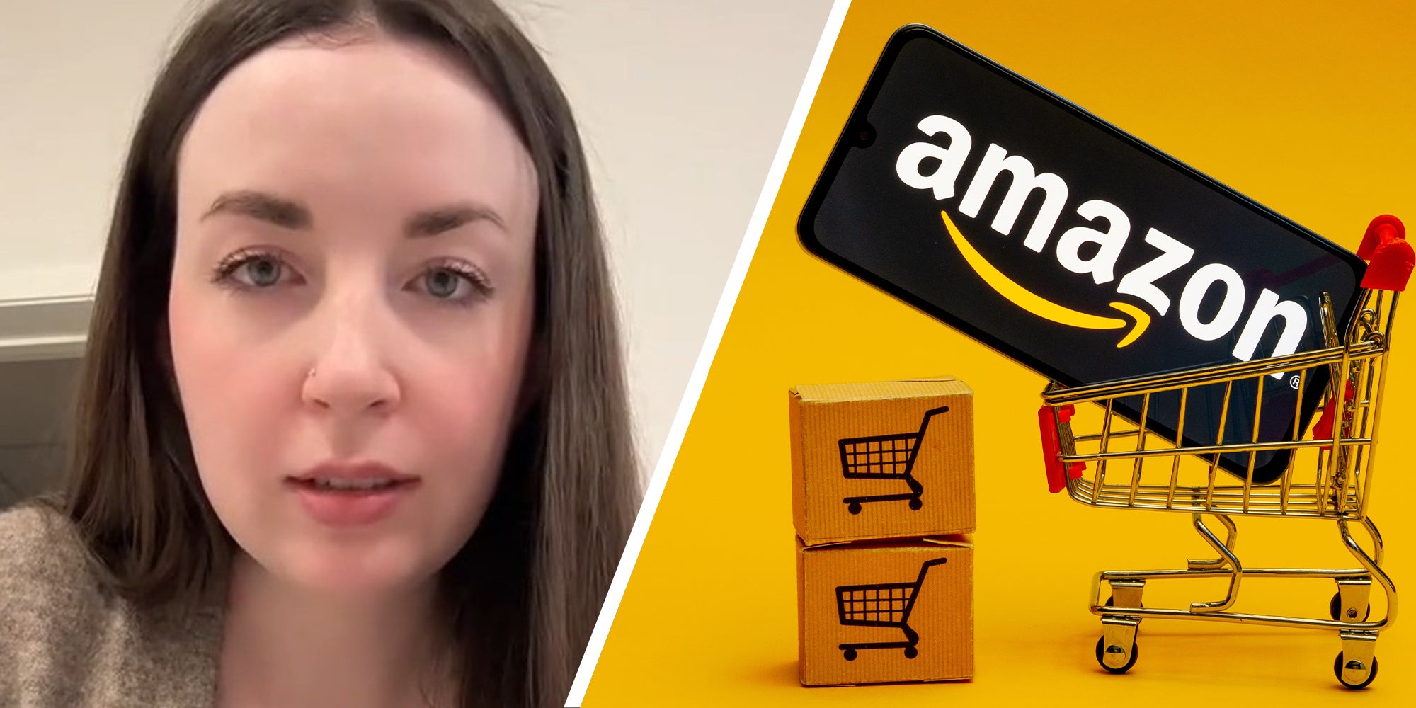 Woman sharing amazon purchase story(l) Amazon logo on the smartphone screen in toy market cart on yellow background(r)