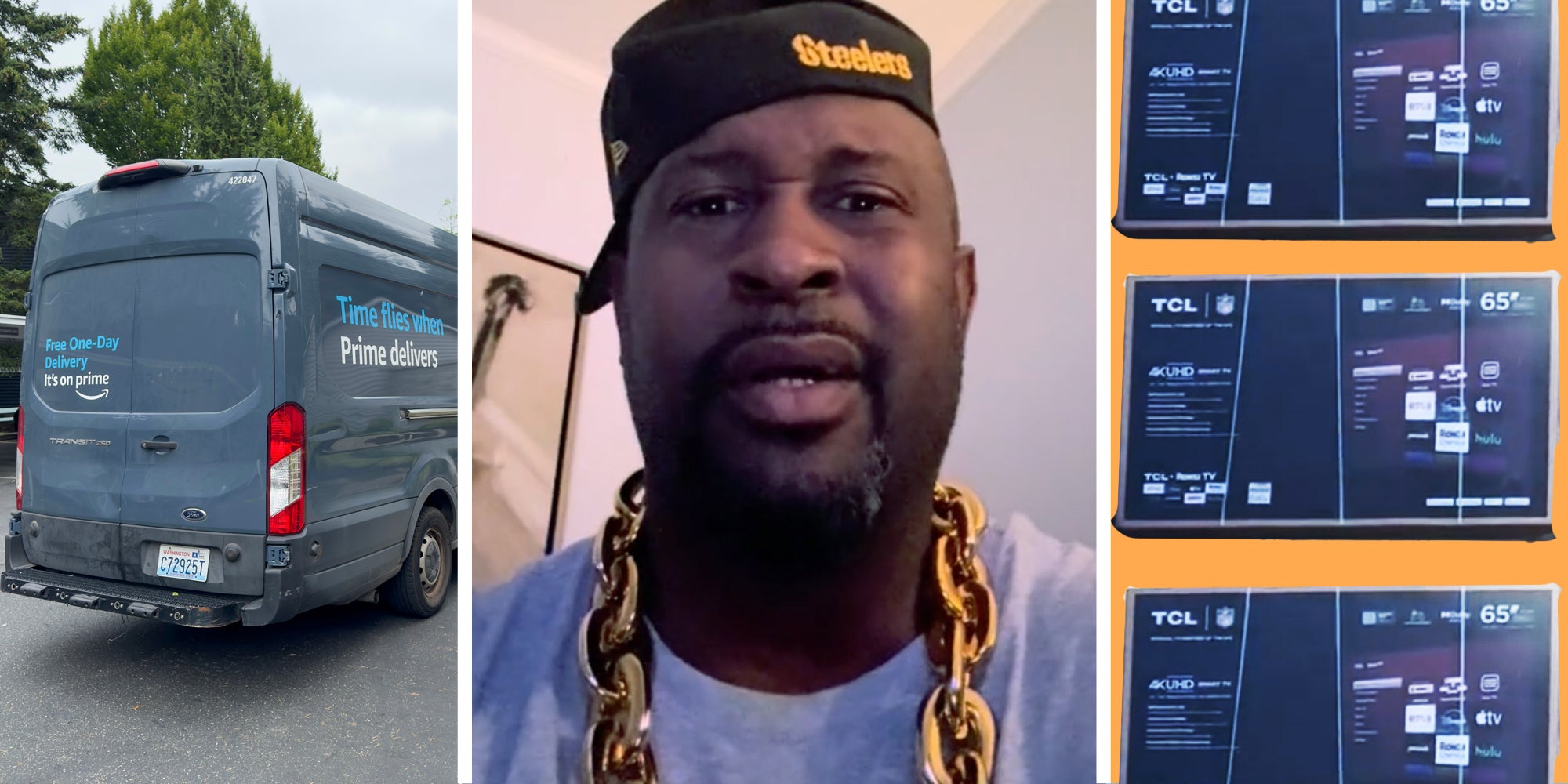 Amazon truck(l), Man talking(c), TCL tvs(r)