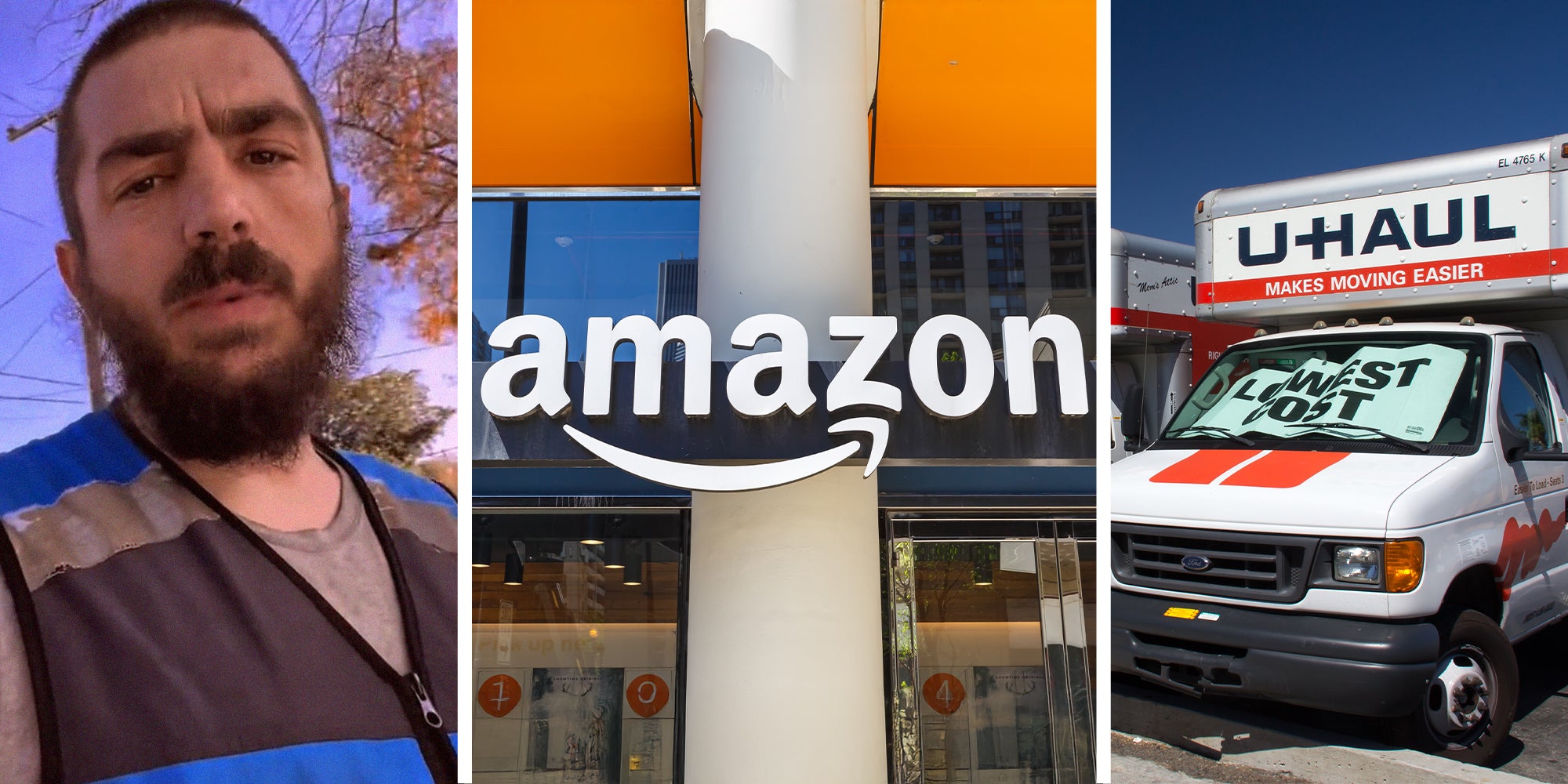 Amazon Worker(l) Amazon Store Sign(c) Uhaul Truck(r)
