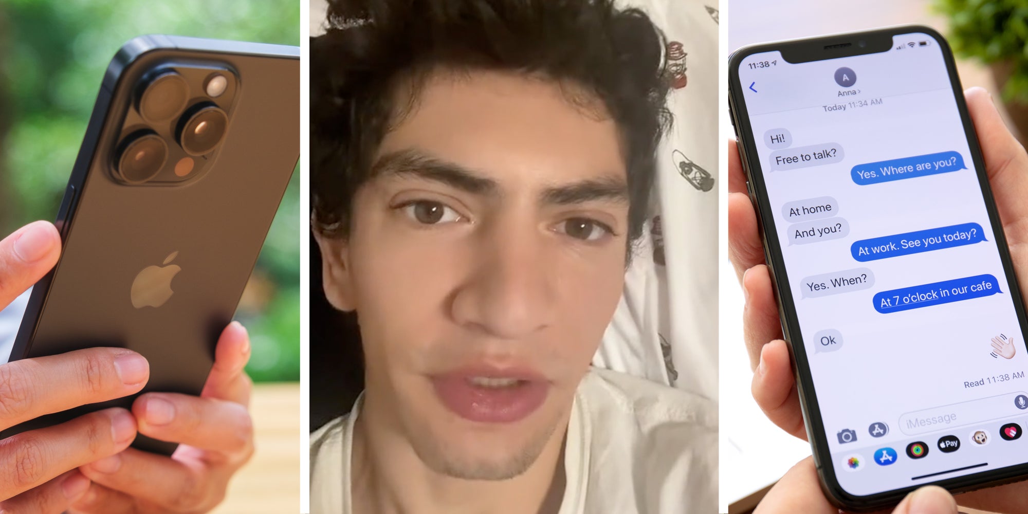 Hand phone iphone(l), man talking(c), Hand holding iphone with imessages(r)