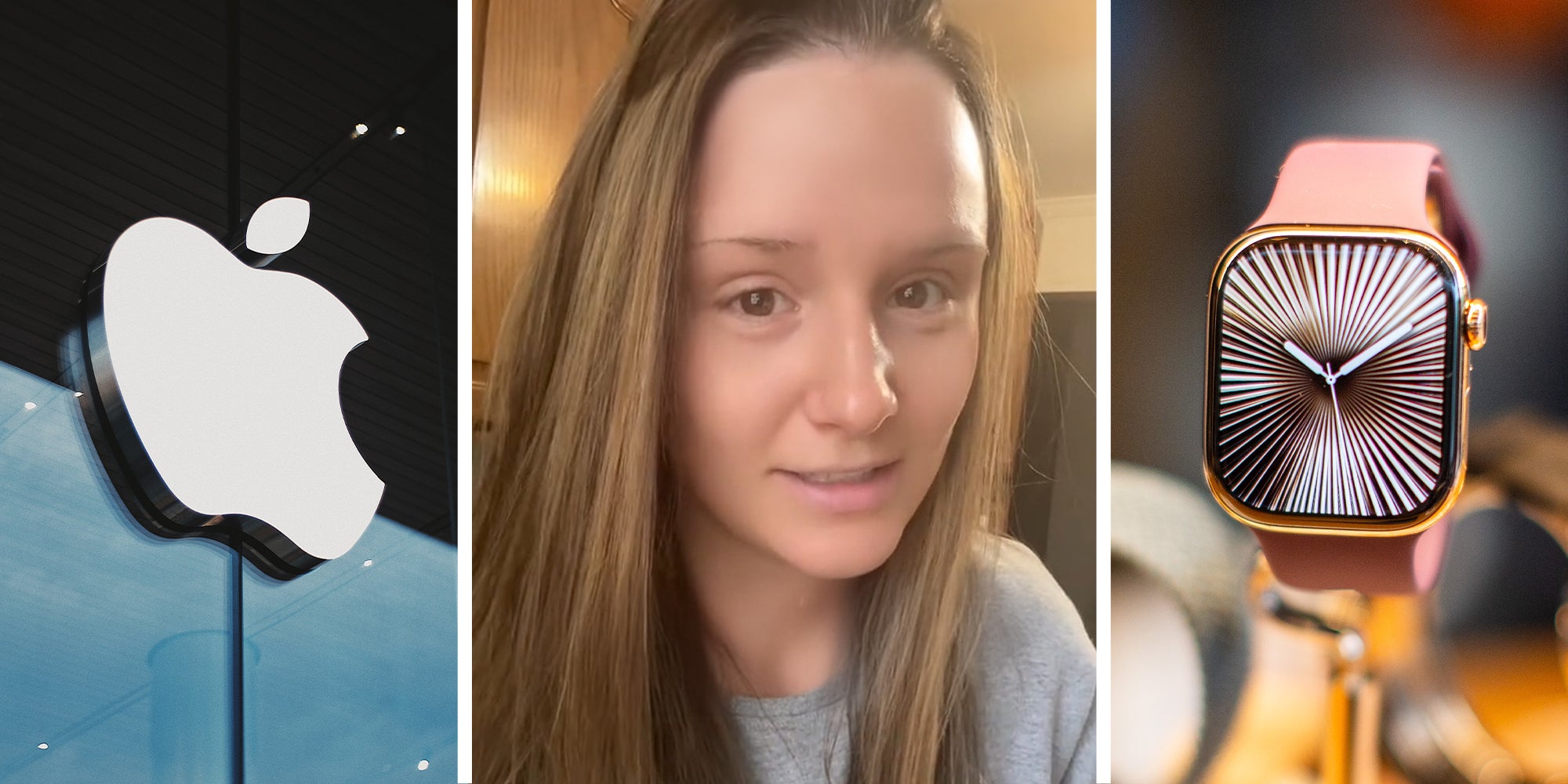 Apple Store Logo(l) Woman sharing apple watch story(c) Apple Watch