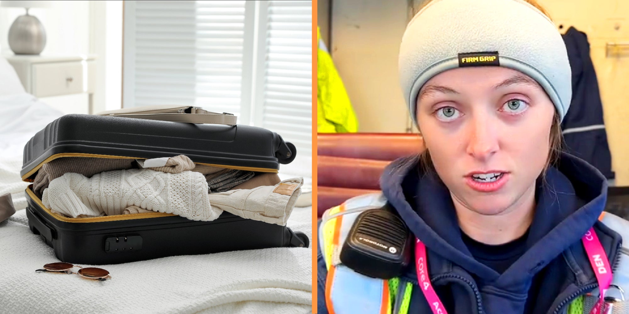 2 panel image, on left a stuffed suitcase sits on a bed and on the right an airlines baggage handler explains.
