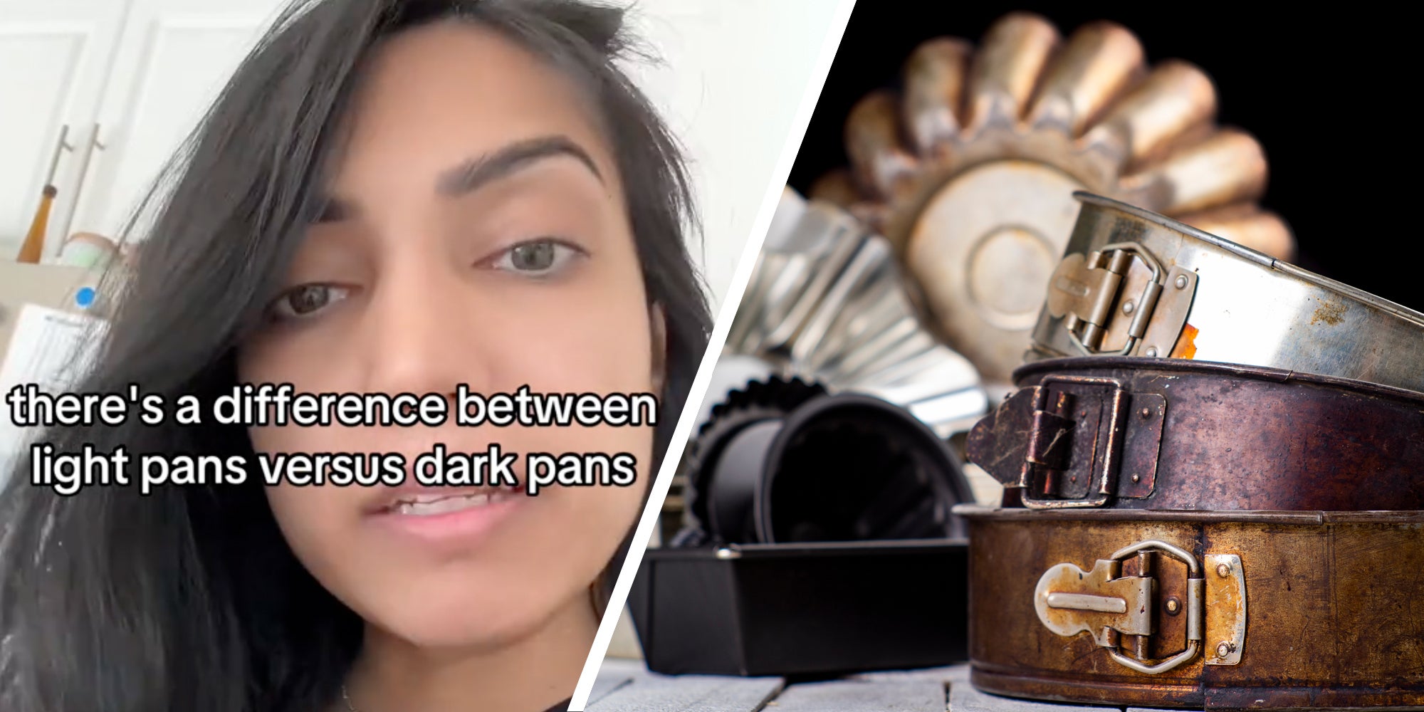 Woman talking with text "there's a difference between light pans versus dark pans"(l), Baking pans(r)
