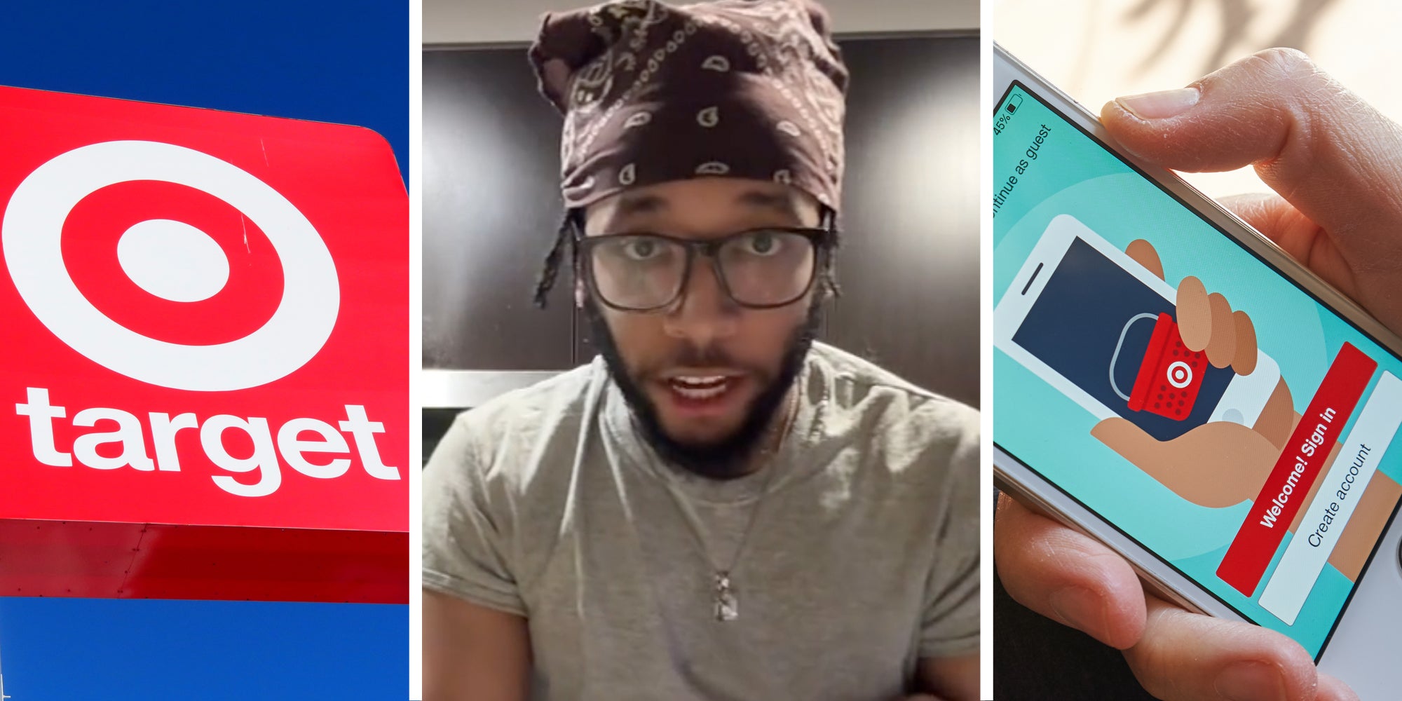 Target sign(l), man talking(c), hand holding phone with target app(r)