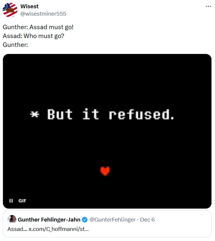 Assad Must Go meme with an Undertail gif saying 'but it refused.'