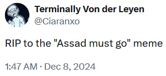 Tweet reading 'RIP to the 'Assad must go' meme.'