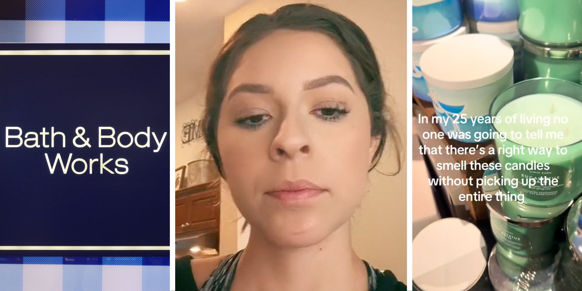 Bath & Body Works sign(l), Woman talking(c), Candles(r)
