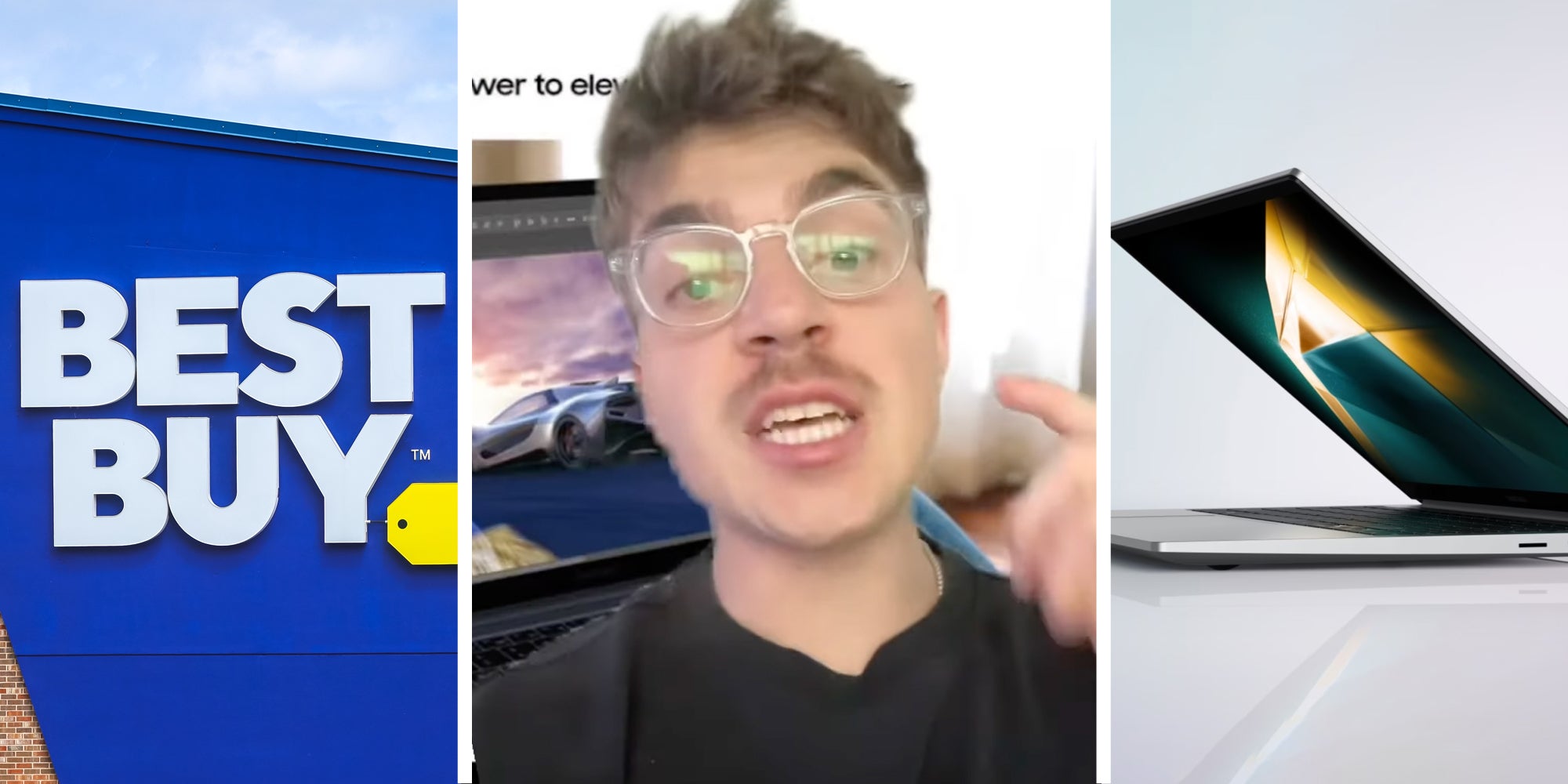 Best Buy(l), Man talking(c), Galaxy book 4 laptop(r)