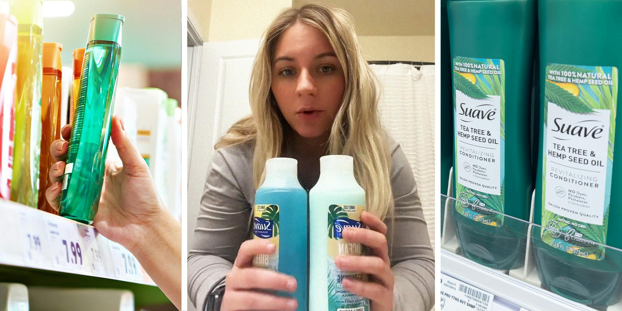 choosing green shampoo bottle(l) Woman comparing shampoos(c) Suave Shampoo Bottlers(r)