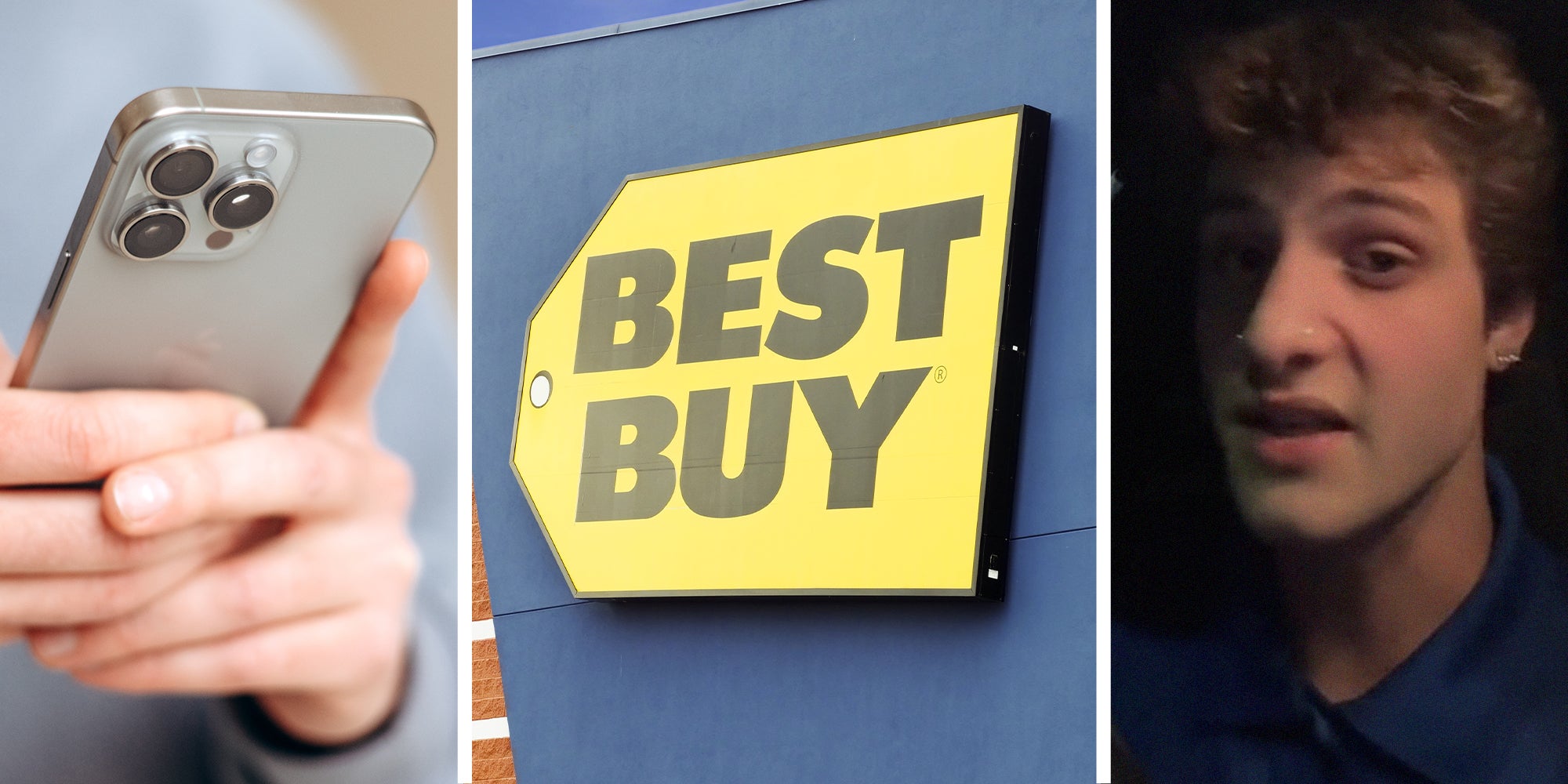 person holding iphone(l) BestBuy Store sign(c) BestBuy Worker shares story(r)