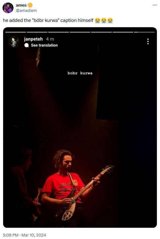 Bobr Kurwa meme with a photo of a man playing guitar captioned with the phrase.