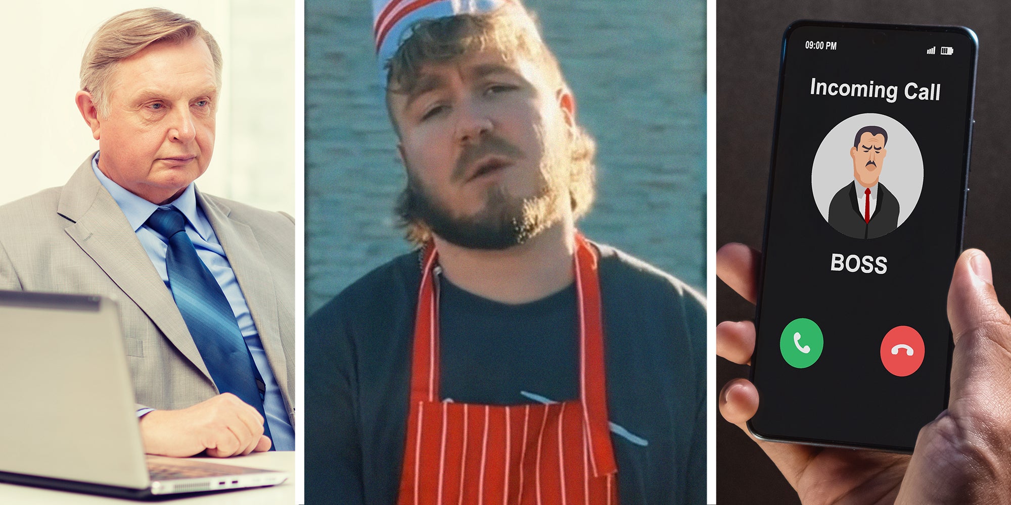 Man wearing a suit while using a laptop(l) Man wearing restaurant uniform(c) Phone with incoming graphic call from Boss(r)