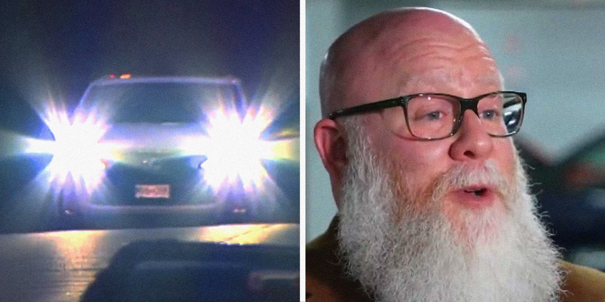 2 panel image: on the left a car with bright headlights and on the right a person explains.