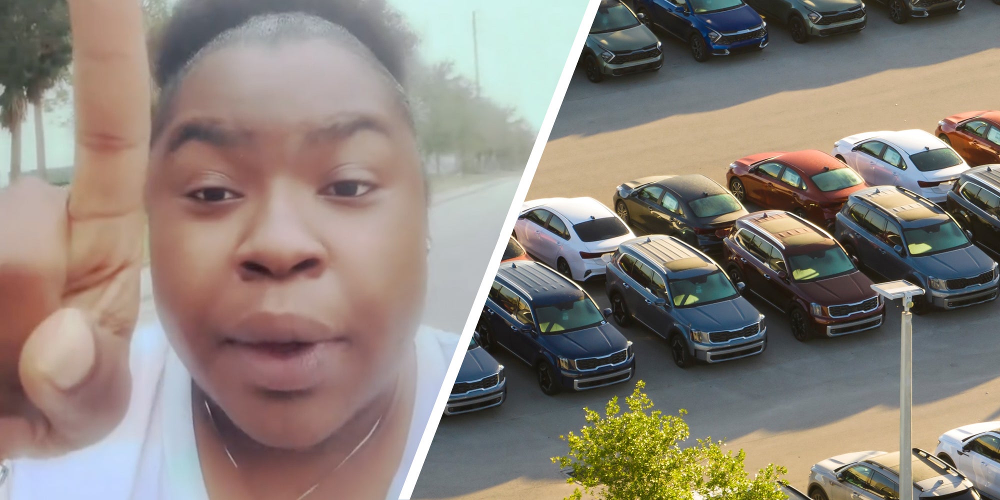 Woman talking(l), Cars in Parking Lot(r)