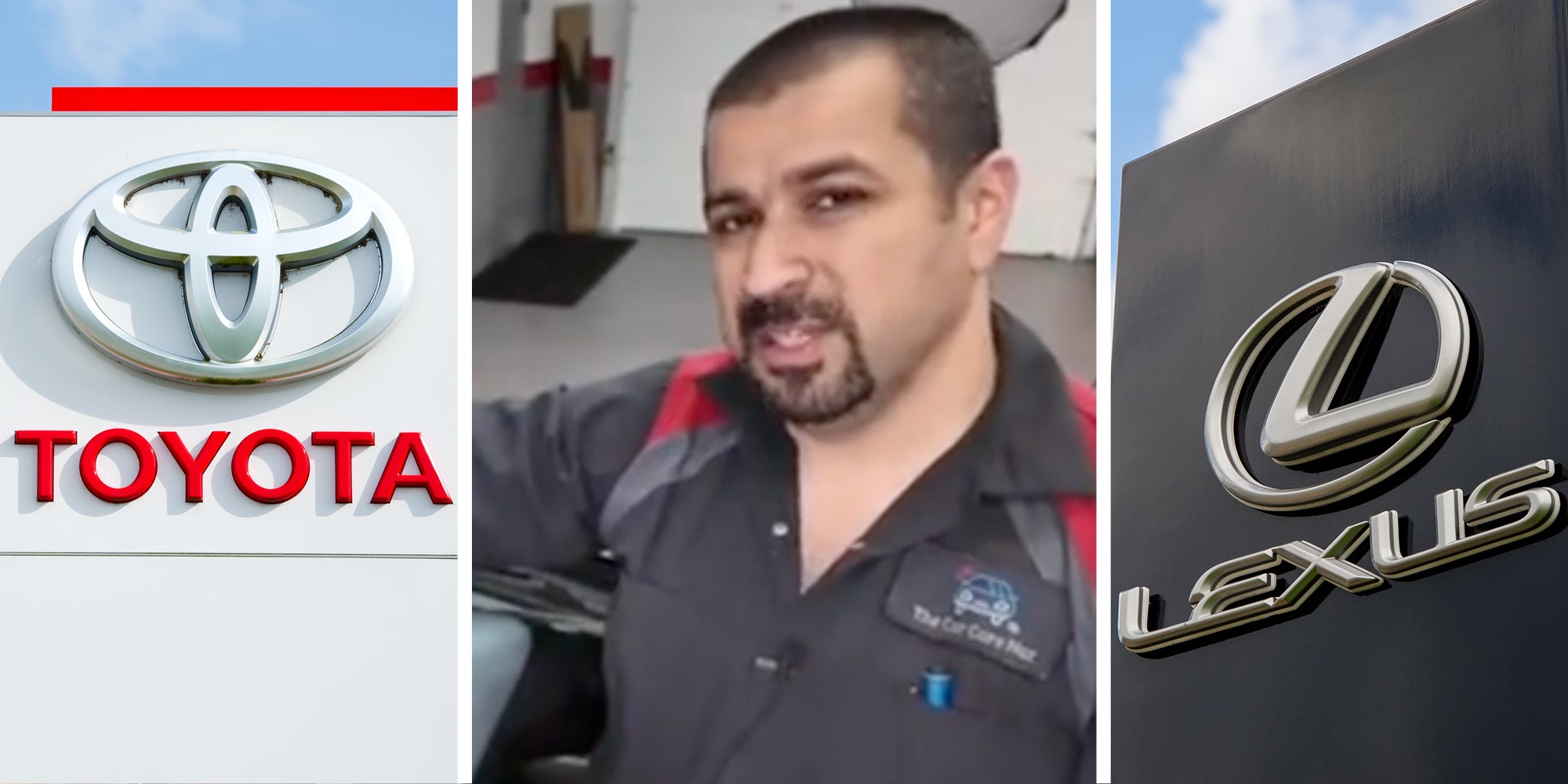 Toyota sign(l), Man talking(c), Lexus sign(r)