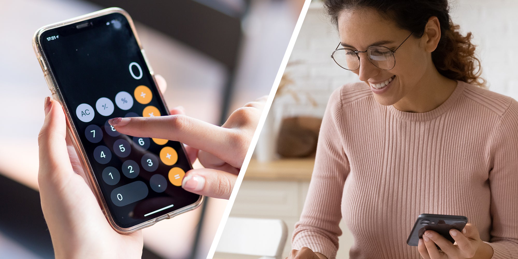 Woman using calculator app(l) Woman wearing glasses smiling while holding up iphone(r)