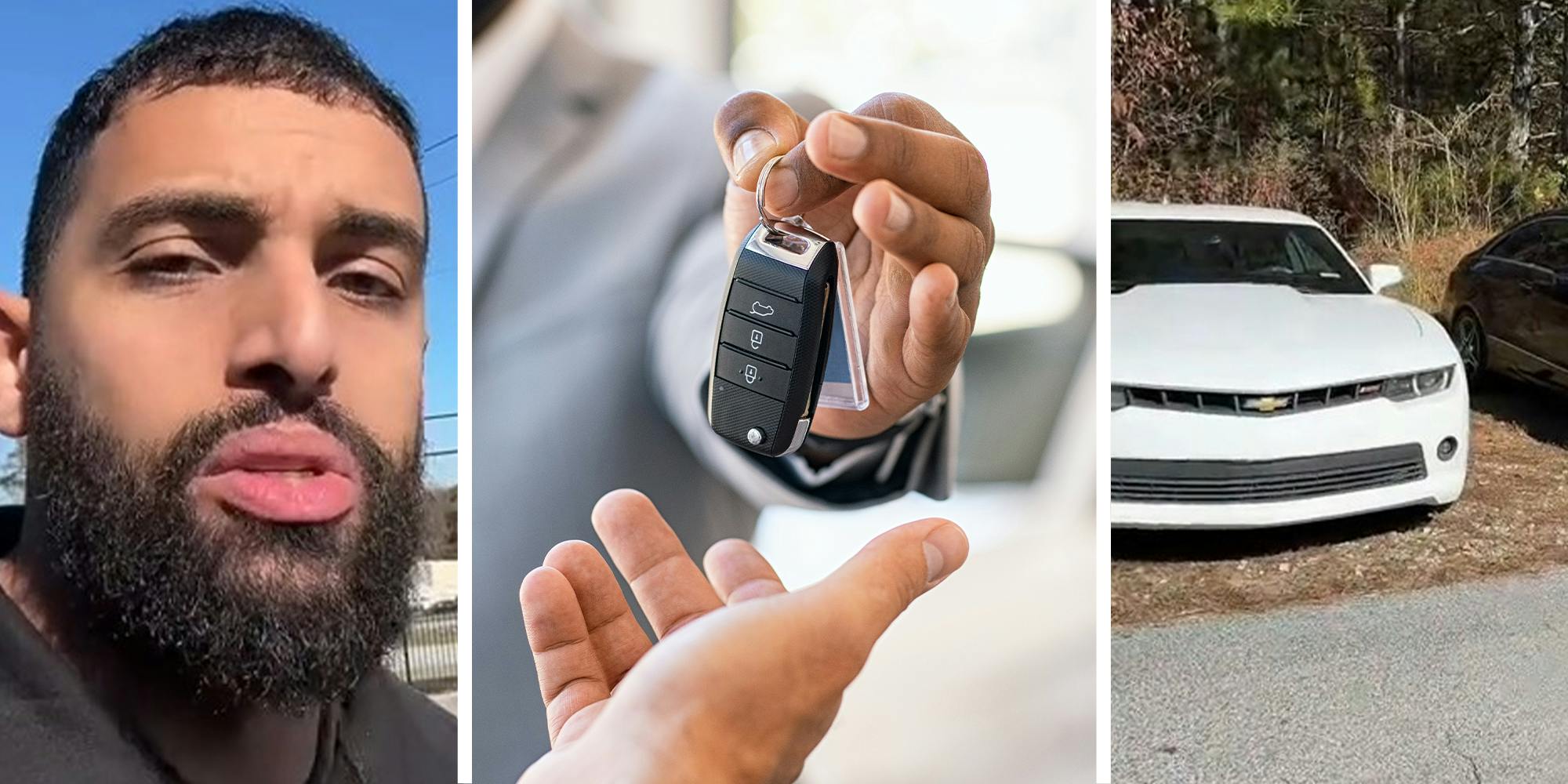 man shares how to get car deals(l) keys being handed over(c) Chevy camaro on lot(r)