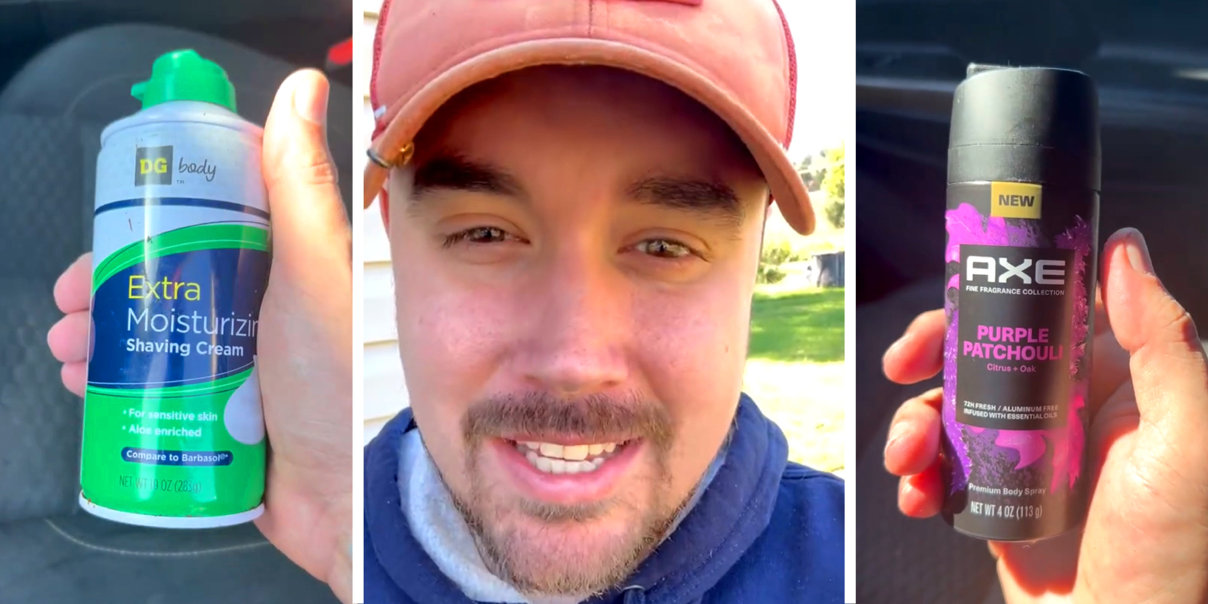 3 panel image: in the middle a person explains. On the sides there is a can of shaving cream and a can of Axe body spray.