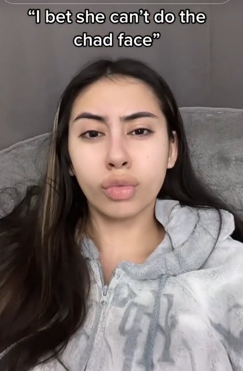 Chad Face meme TikTok video with a woman making the face.