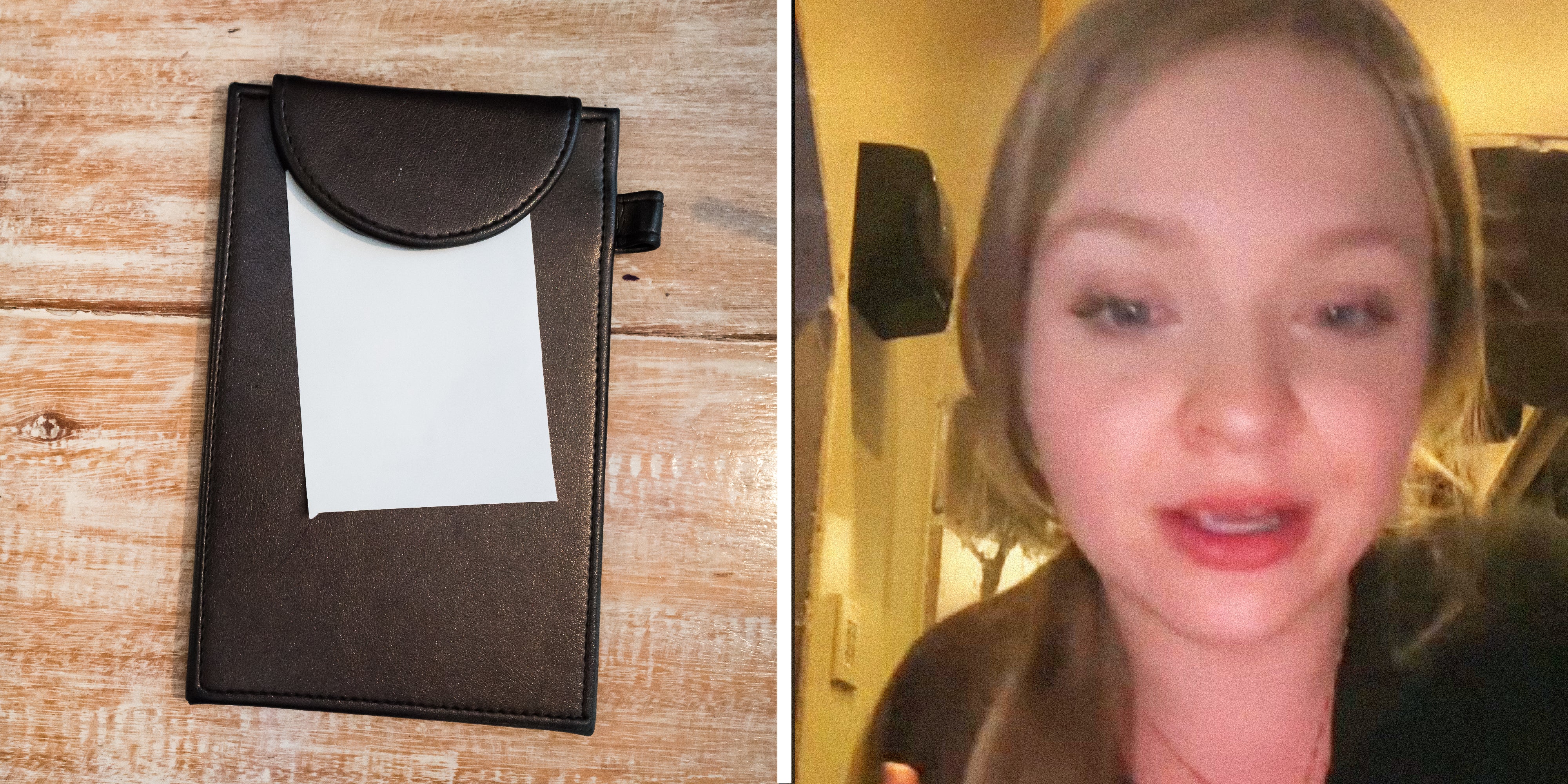 2 panel image: on the left is a restaurant receipt turned face down on a table, on the right a person explains.