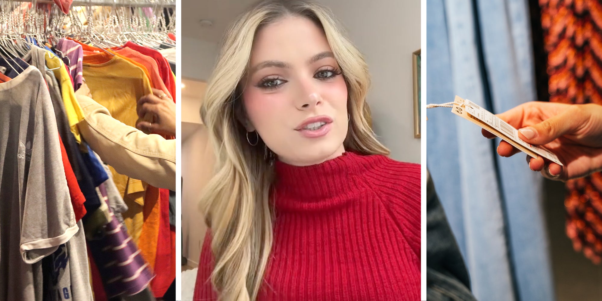 hands looking through clothes(l), Woman talking(c), hand holding tag(r)