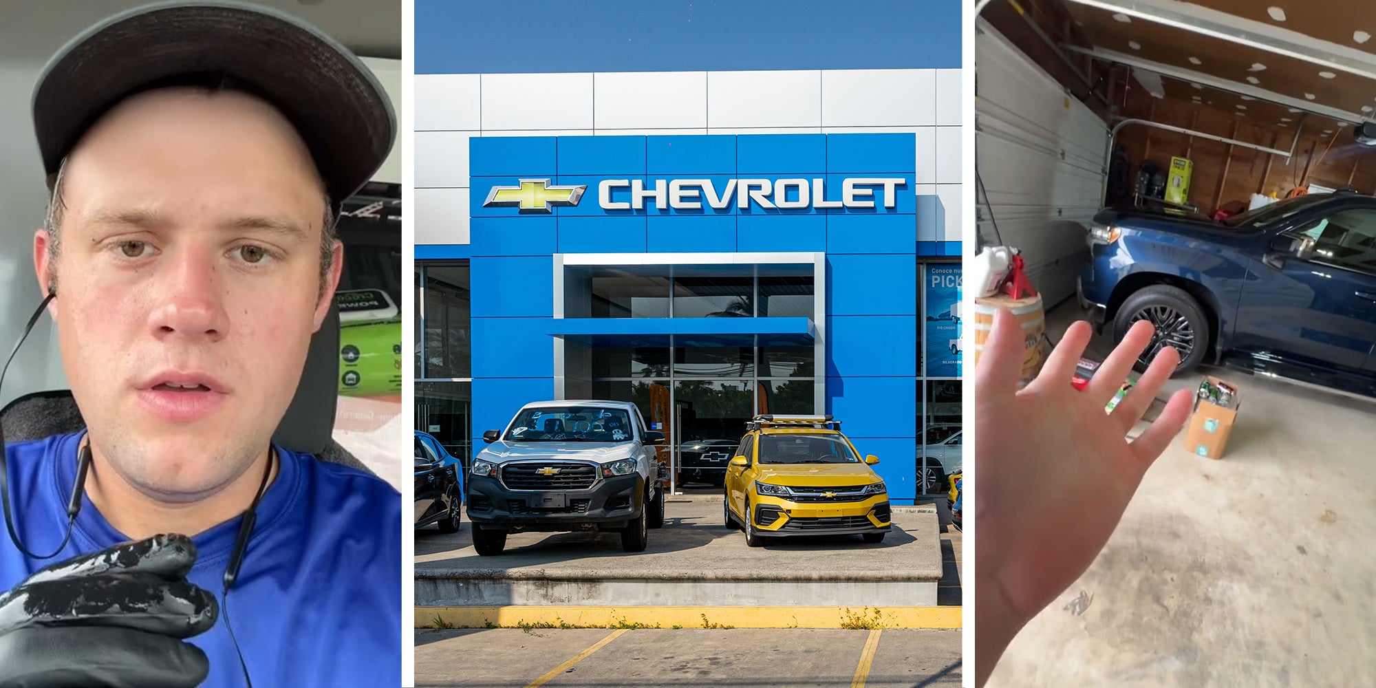 man sharing information on pickup truck(l) Chevrolet Dealer(c) hand pointing at Chevy z71 pickup