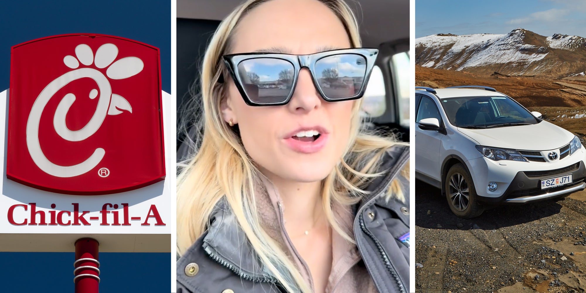 Chick-fil-a sign(L), Woman talking(c), Toyota Rav4(r)