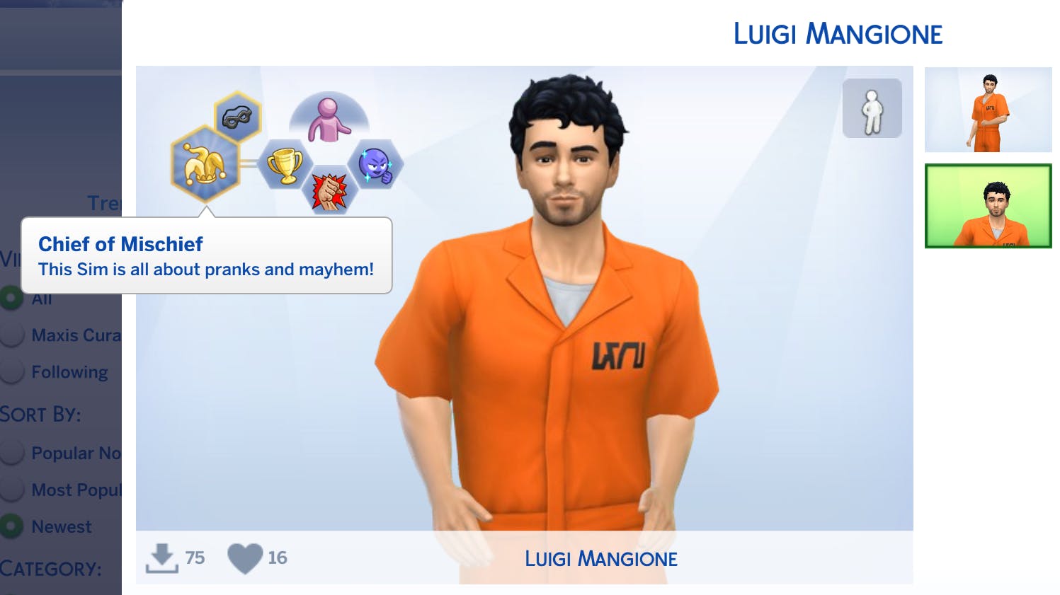 chief of micheif trait luigi mangione in sims 4