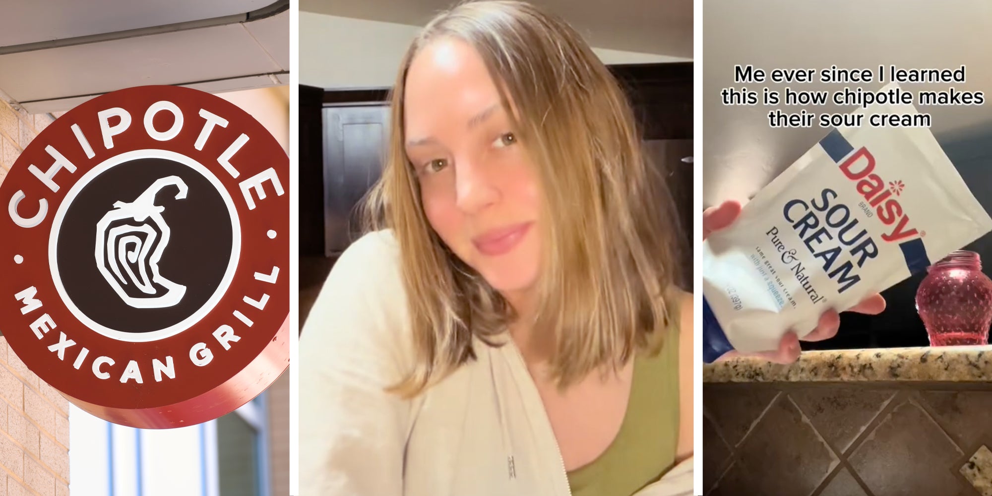 Chipotle sign(l), Woman talking(c), Sour Cream(r)